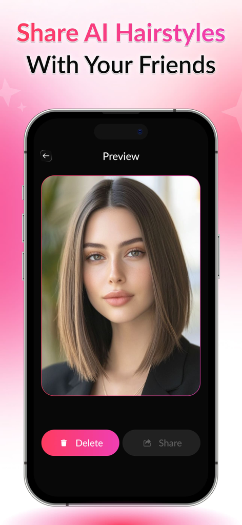 Mobile app interface showing a virtual hairstyle preview with a woman's portrait and a share button to send results to friends.