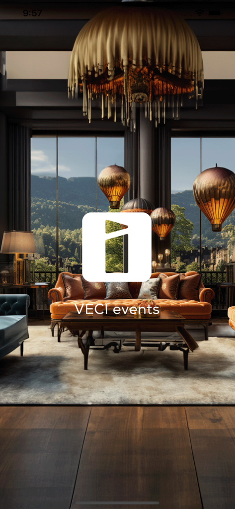 Tela de apresentação do aplicativo de eventos VECI com o logotipo sobre um fundo de lounge de luxo com balões de ar quente