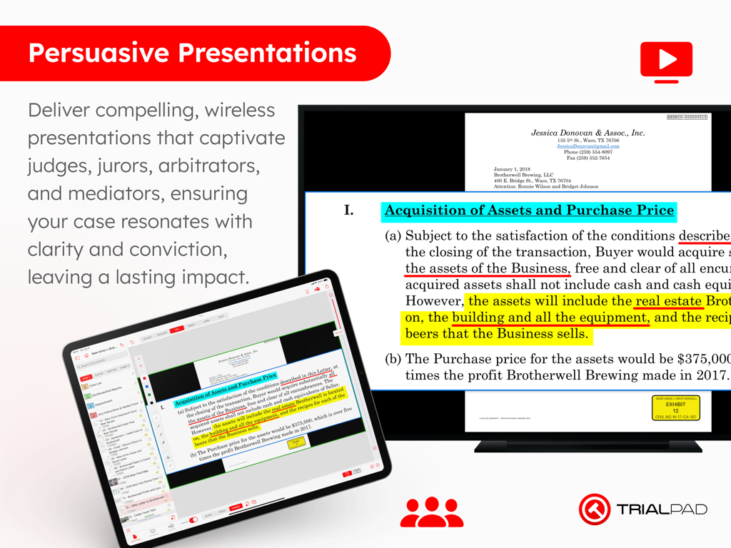 TrialPad - Trial Presentation - TrialPad app on an iPad presenting a highlighted legal document to a large display screen.
