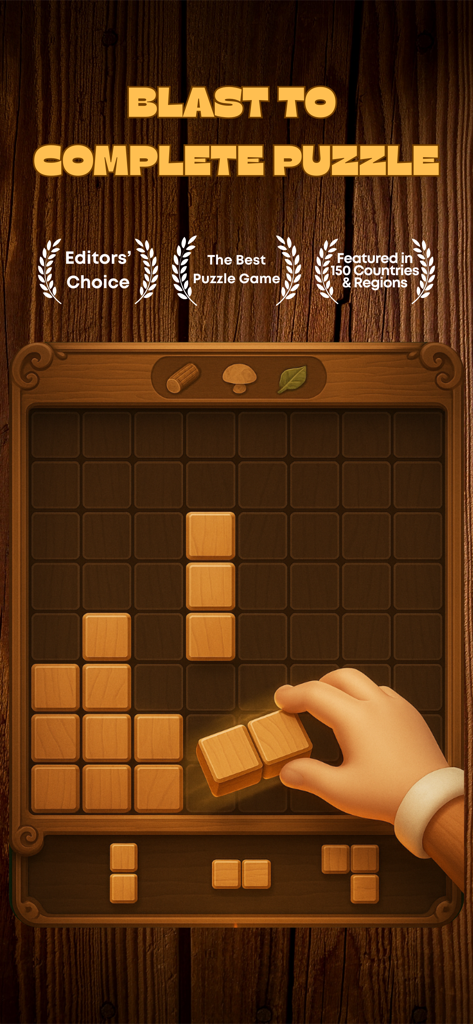 Hand platziert einen Holzblock in einem gemütlichen, waldthematisierten Puzzle-Spielraster.