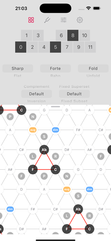 Composer Lab - Interface of Composer Lab app showing a pitch set theory calculator and a geometric Tonnetz grid for music composition