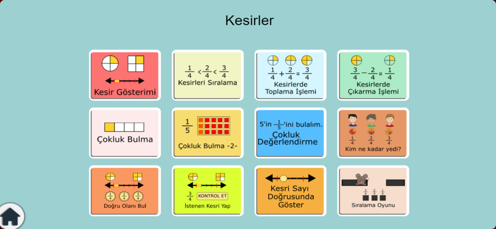 4. Sınıf Dersekranda - Un menú de actividades interactivas de matemáticas para fracciones de 4º grado en turco