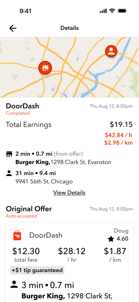 Mystro Driver: Drive & Deliver - 完了したDoorDash配達の詳細な収益、配車時間、元のオファー統計を示すMystroアプリのスクリーンショット