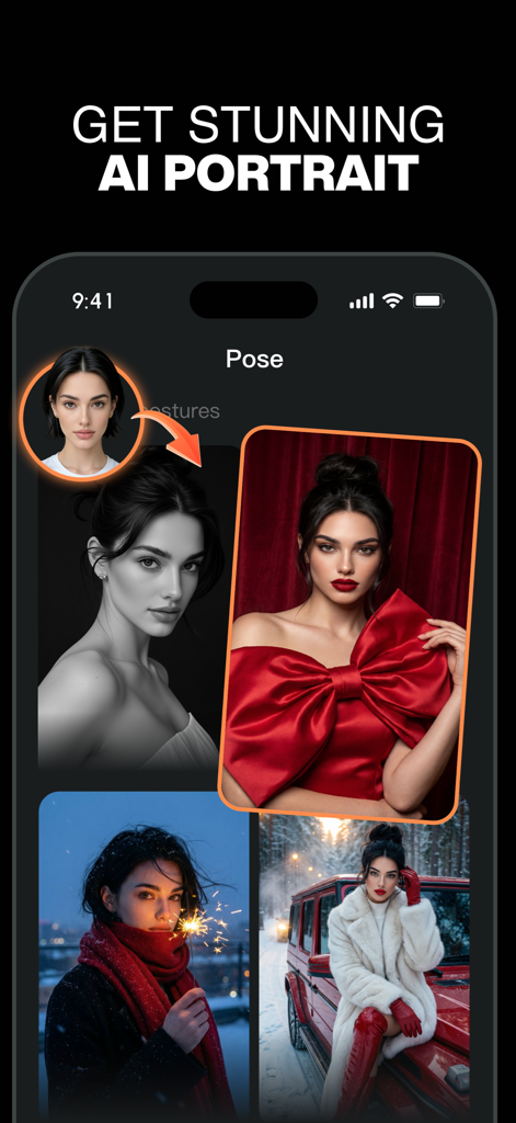 AI Chatlulu app showing various stylized AI portraits generated from a single source photo