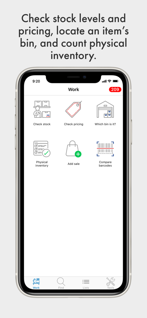 SOS Inventoryアプリのダッシュボード。在庫チェック、価格設定、バーコードスキャンの機能が表示されています。