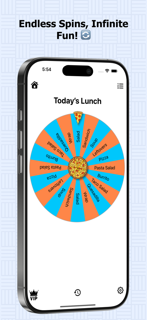 A colorful spinning wheel in the Roulette Wheel of Luck app showing lunch choices like pizza and tacos to help users decide what to eat.