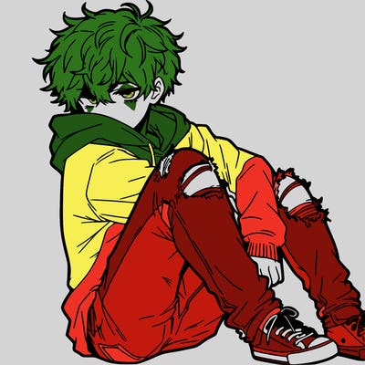 a male hoddie ripped jeans messy hair anime