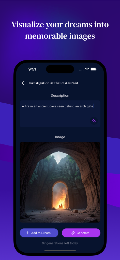 DreamMuse - DreamMuse app interface showing AI-generated image visualization of a dream description