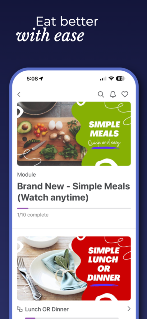Bloom Young - Bloom Young app screen displaying simple meal modules for healthy eating