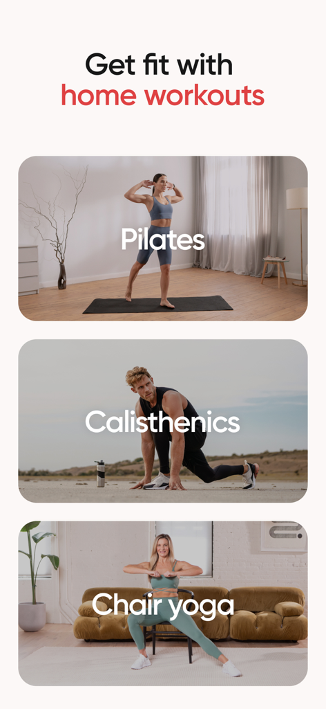 BetterMe app screen showing different home workout categories including Pilates, Calisthenics, and Chair Yoga.