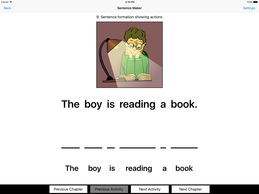 Sentence Maker App - Pantalla de una aplicación educativa que muestra un ejercicio de construcción de oraciones con la frase El niño está leyendo un libro y una ilustración coincidente.