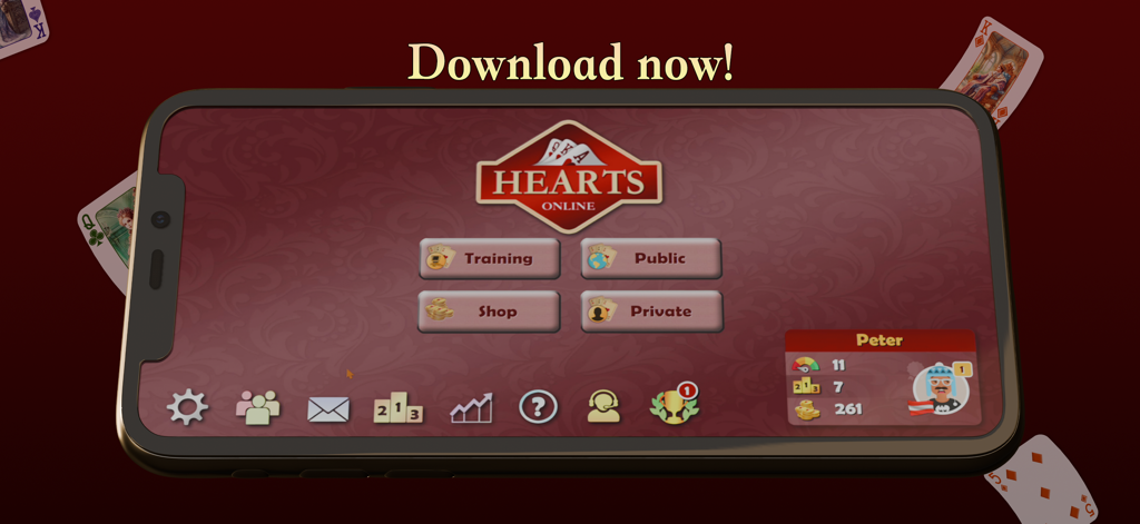 Hearts Online: Card Game - Menu principale dell'app del gioco di carte Hearts Online su uno smartphone che mostra le modalità di gioco allenamento e multigiocatore.