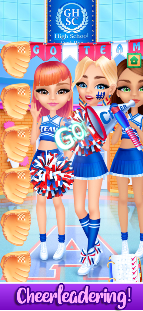 Girls High School Makeup Salon - Trois personnages de dessin animé en uniformes de pom-pom girl bleus et blancs avec des pompons dans un jeu sur le thème du lycée.