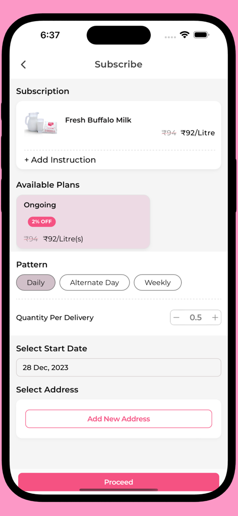 Subscription screen for fresh buffalo milk showing delivery frequency and quantity options