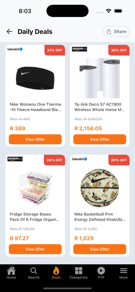 Screenshot of the PriceCheck mobile app displaying daily deals with discounted prices and retailer offers