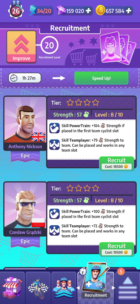 Tour de France Cycling Legends - 기술과 모집 비용이 표시된 에픽 사이클리스트 모집 메뉴인 투르 드 프랑스 사이클링 레전드의 모집 메뉴