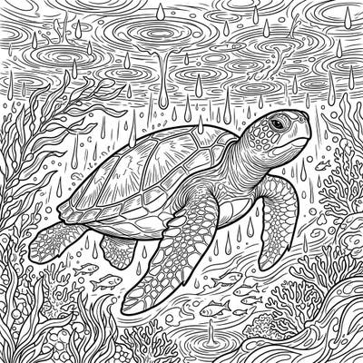 Discover the serene beauty of a Green Sea Turtle swimming gracefully as rain gently falls on the ocean's surface. This unique coloring page offers a peaceful escape into an aquatic world.