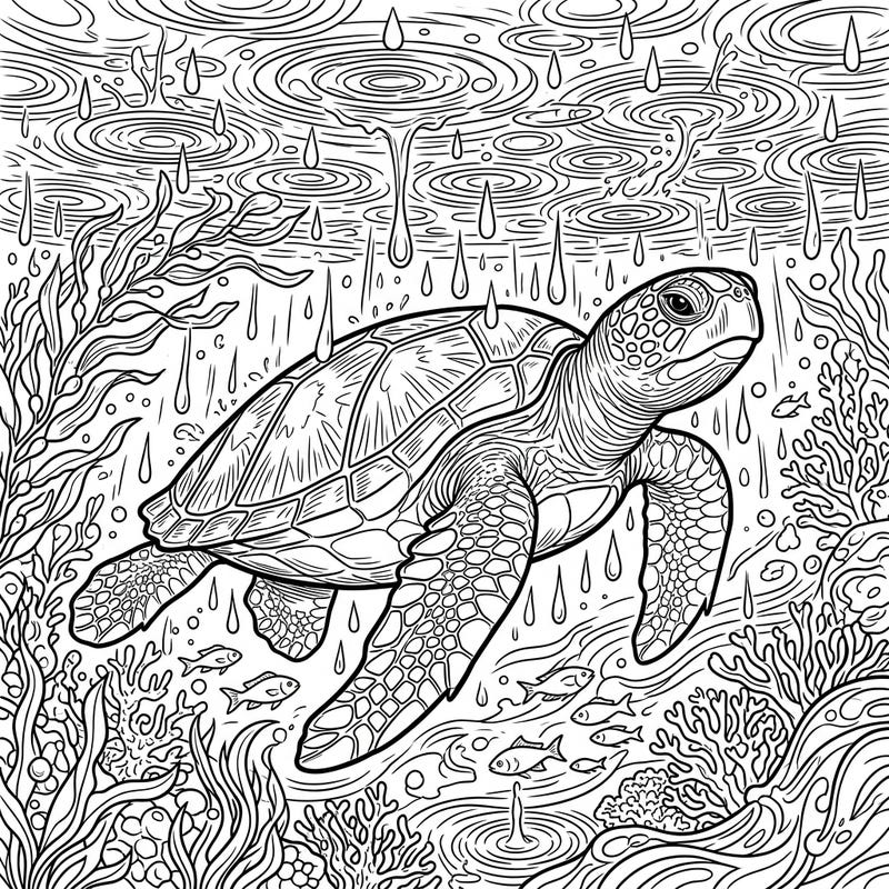 Discover the serene beauty of a Green Sea Turtle swimming gracefully as rain gently falls on the ocean's surface. This unique coloring page offers a peaceful escape into an aquatic world.