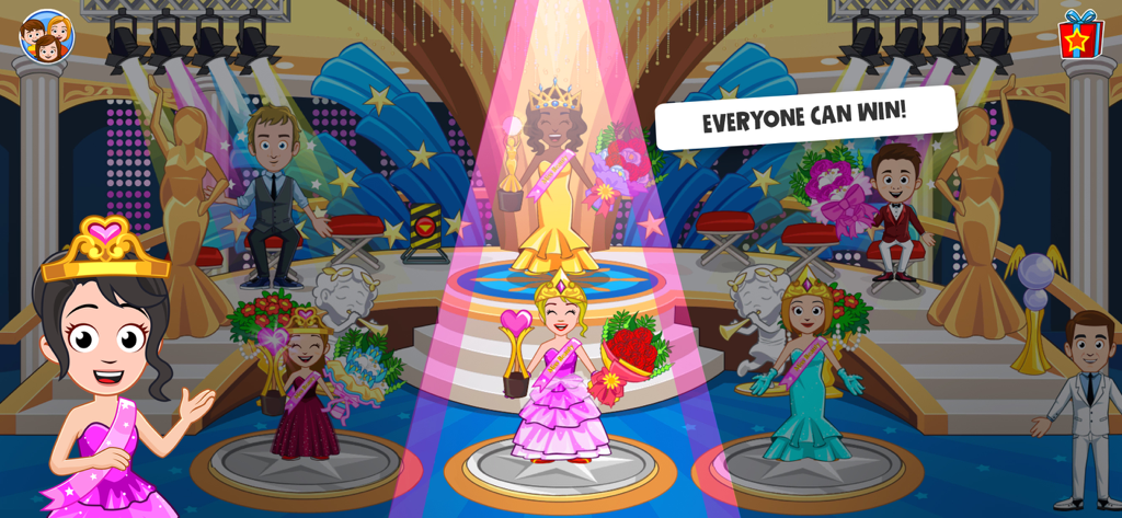 My Town : Beauty Contest - Animated characters celebrating on a beauty pageant stage with trophies and crowns.