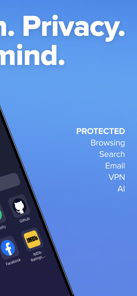 DuckDuckGo 앱 인터페이스가 Browsing Search Email VPN 및 AI와 같은 보호된 서비스를 강조 표시합니다.