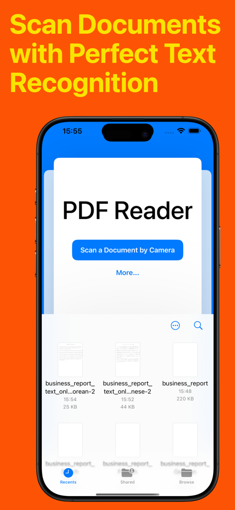 Oberfläche, die die Funktion zum Scannen von Dokumenten per Kamera und die Dateibibliothek in der PDF Reader App zeigt