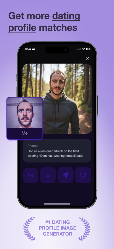 Real Photo AI App-Bildschirm, der ein Selfie zeigt, das in ein professionelles Outdoor-Porträt für ein Dating-Profil verwandelt wurde.