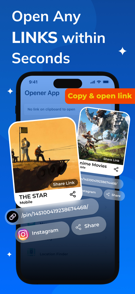 Interface of the Link Opener app showing how to open links in native apps like Instagram