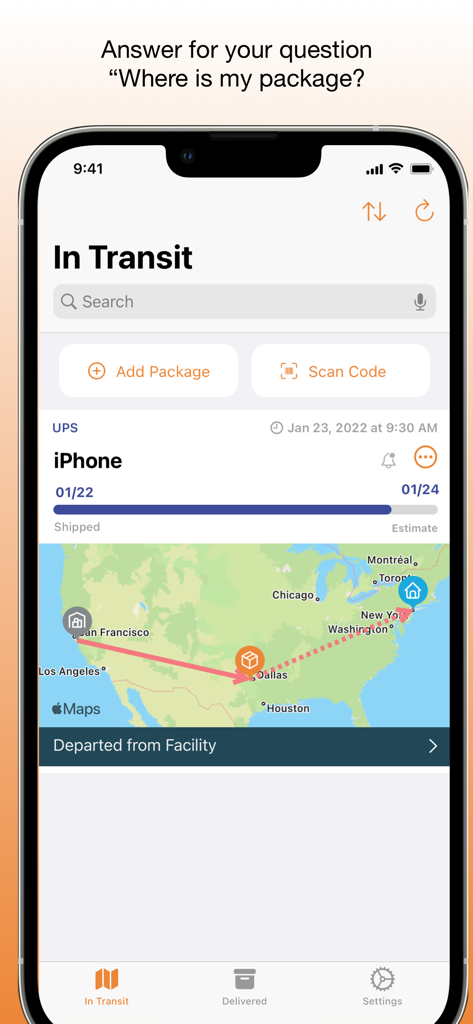My Package Pro - My Package Pro interface showing a package tracking route on a map from San Francisco to Dallas