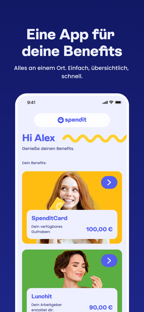 Das Dashboard der spendit myBenefits App mit Guthabenanzeigen für SpenditCard und Lunchit