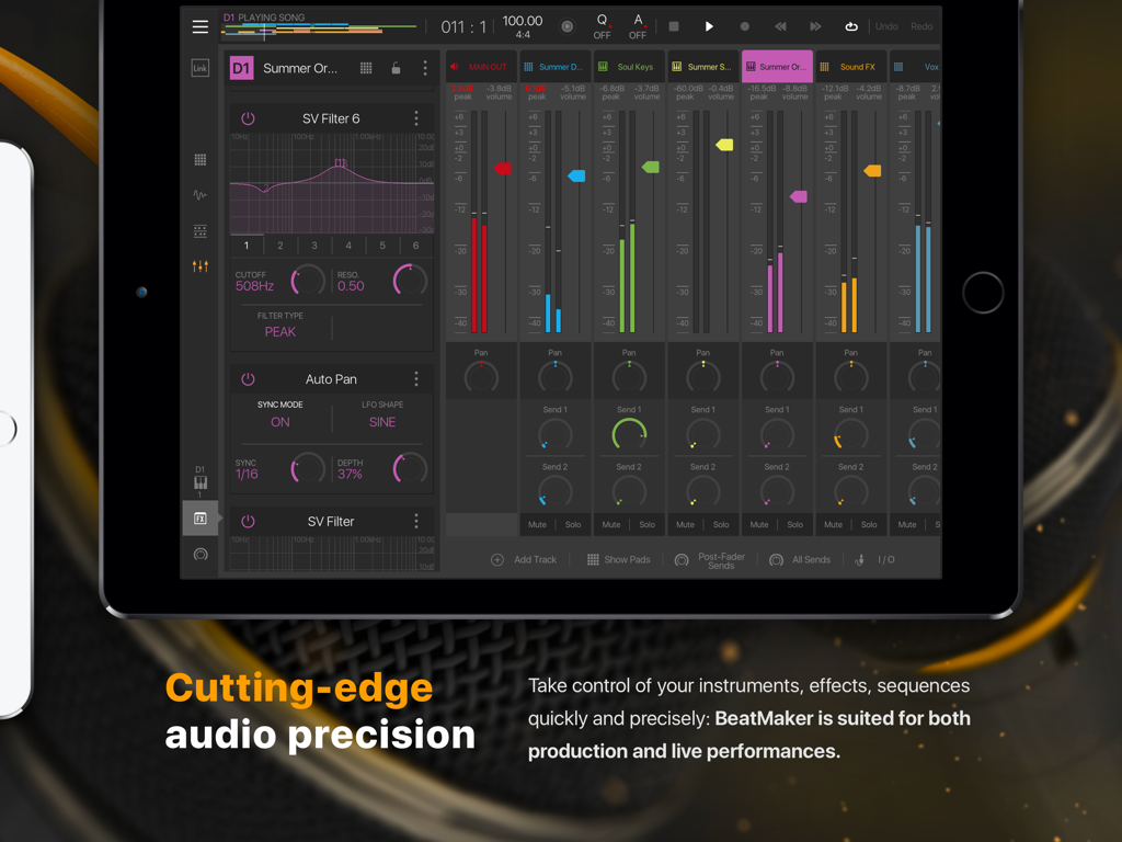 Interfaz del mezclador multicanal BeatMaker 3 en un iPad que incluye pistas de audio y filtros