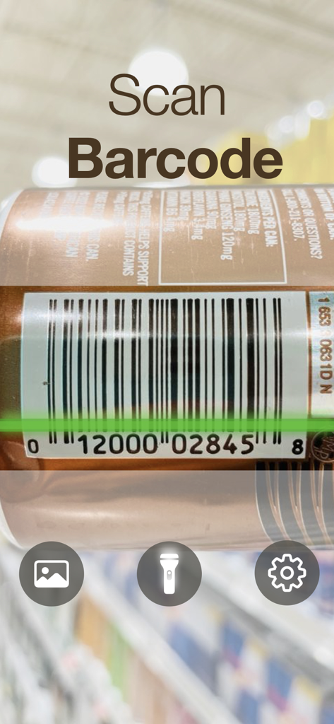 Mobile app interface scanning a barcode on a product with a green scan line