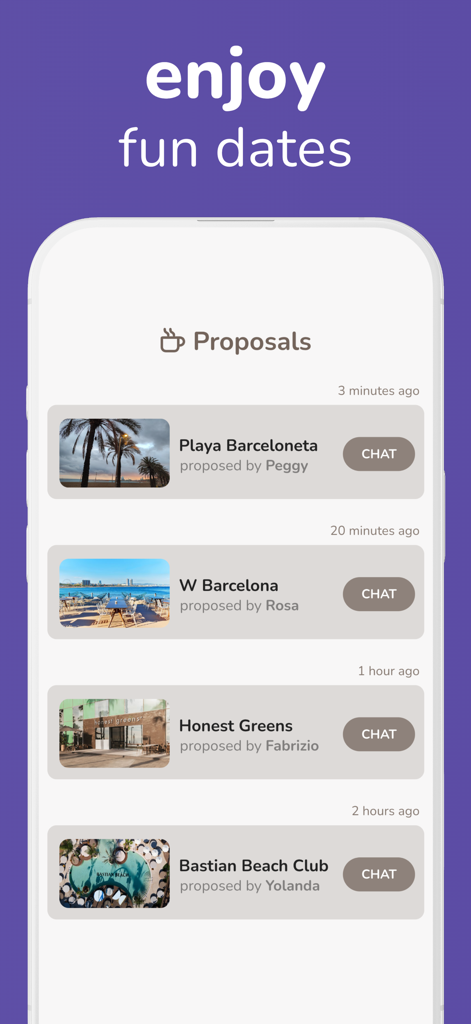 Interfaccia dell'app Lovemix che mostra proposte di appuntamenti in varie località come spiagge e caffè