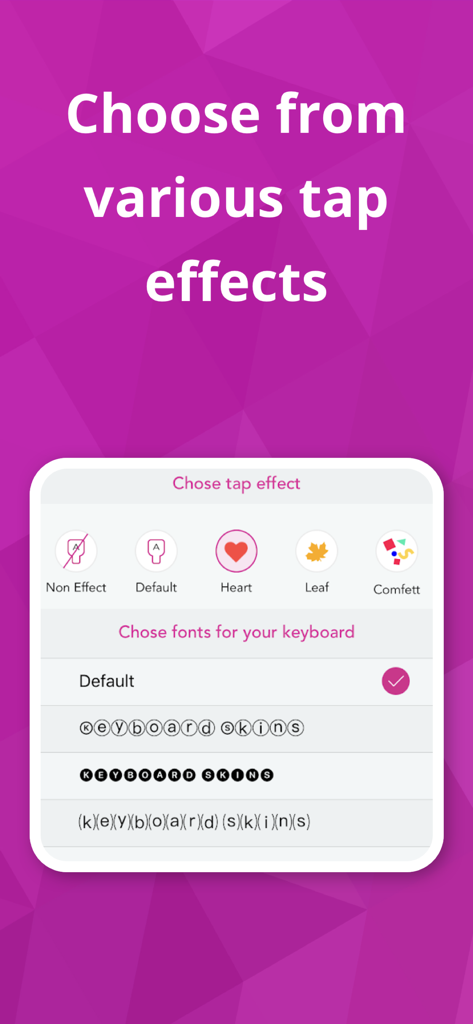 Interface for choosing keyboard tap effects and custom fonts for iPhone