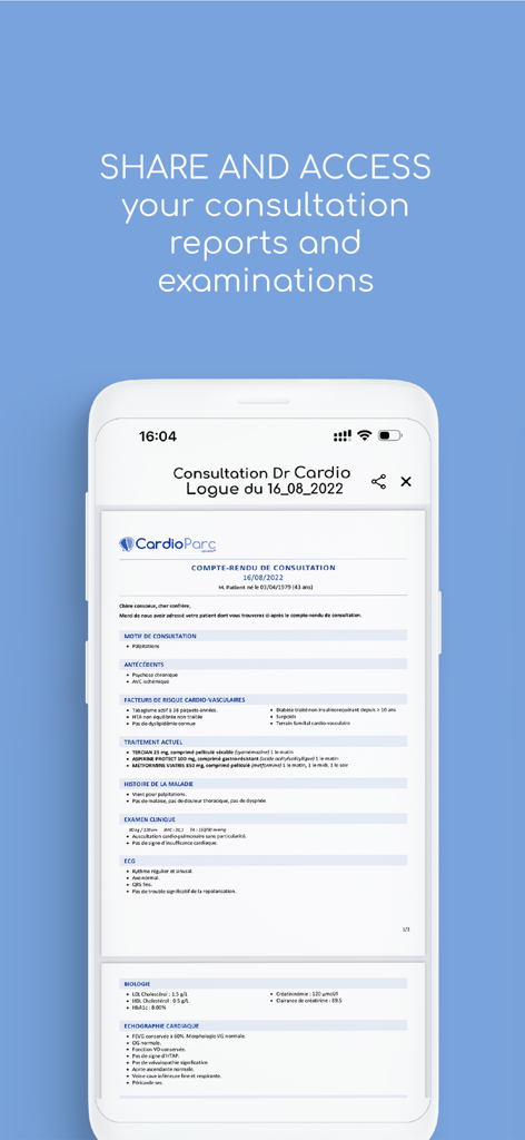 CardioParc - Smartphone screen displaying a detailed cardiological consultation report within the CardioParc app