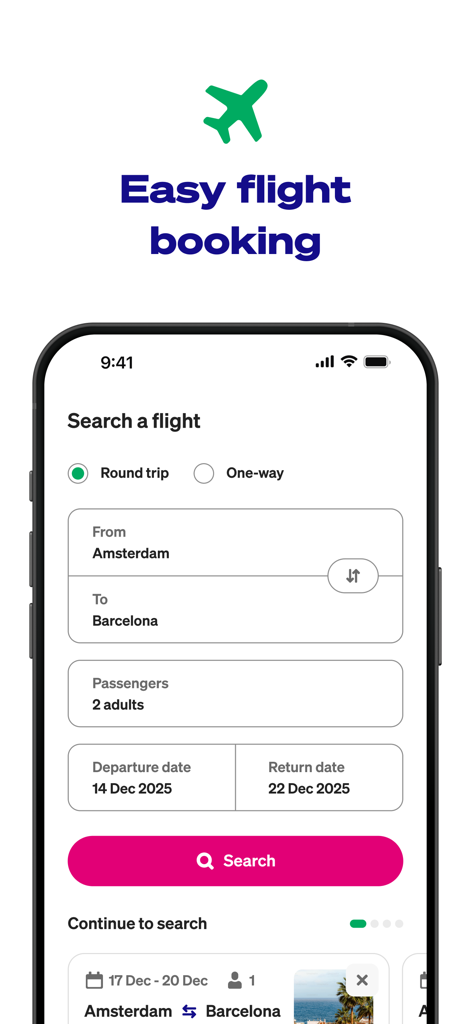 Transavia - Transavia app search screen showing flight booking options from Amsterdam to Barcelona