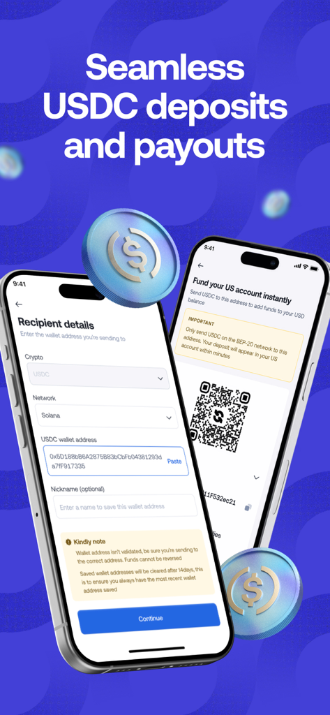 Mobile app interface showing seamless USDC stablecoin deposits and payouts with QR code and recipient details