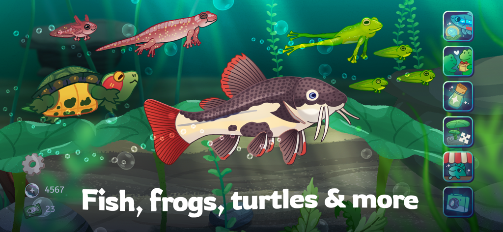 Pondlife — Relaxing Fish Game - Varias criaturas acuáticas dibujadas a mano, incluyendo una gran tortuga pez gato y ranas nadando en un estanque submarino pacífico