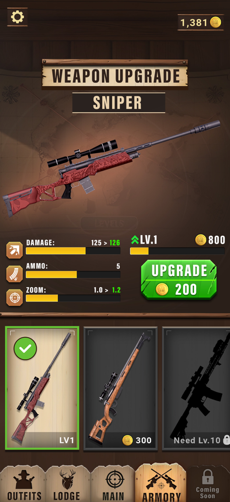 Animal Shooter: Wild Hunt - Tela de aprimoramento de rifle de precisão mostrando estatísticas da arma e opções de armeria