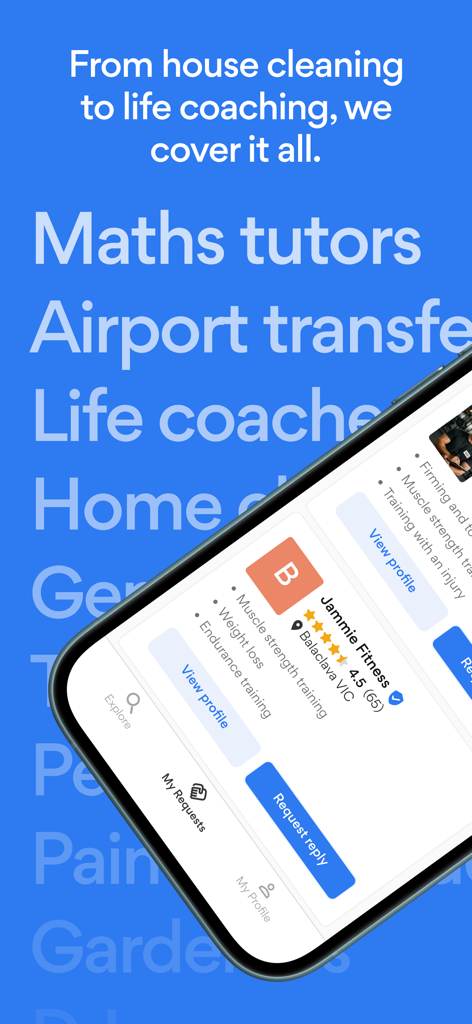 Bark: Great pros, found fast - Barkアプリの画面。多様なサービスカテゴリと、評価とレビューが付いた認定フィットネスプロフィールのリストを表示。
