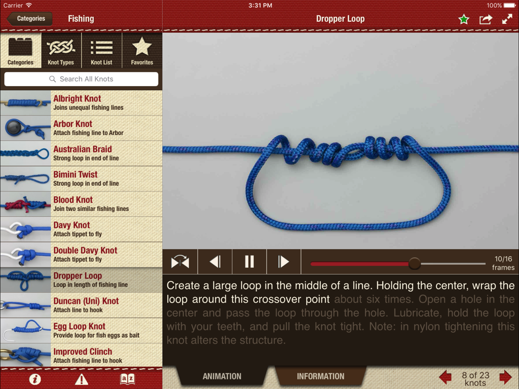 Animated Knots by Grog HD - Animated Knots by Grog HD interface showing fishing knots and dropper loop animation