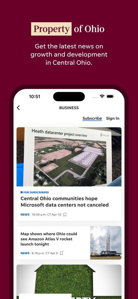 The Columbus Dispatch app displaying local business and development news for Central Ohio