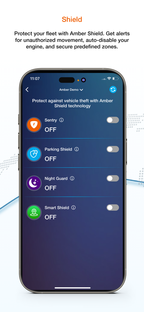 Amber Fleet Connect app interface showing Amber Shield security and anti-theft settings