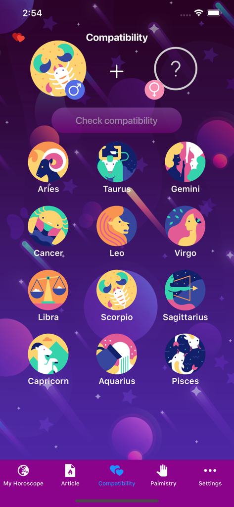 Sternzeichen-Kompatibilitätsfunktion innerhalb einer Horoskop-App, die verschiedene illustrierte Sternzeichen-Symbole auf einem Himmelsgrund zeigt