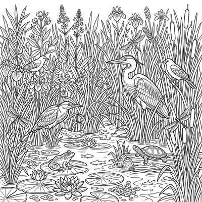 Discover the hidden wonders of a freshwater marsh with this beautifully detailed coloring template, bustling with diverse wildlife and lush aquatic plants. Perfect for nature enthusiasts, it offers a tranquil escape into an intricate ecosystem waiting for your vibrant colors.