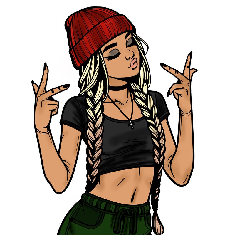 realistic teenage girl with braids and a beanie and crop top doing 🫶🏼