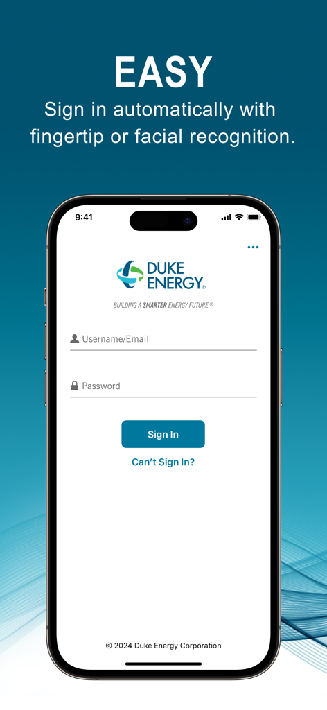 Duke Energy - Duke Energy mobile app login screen featuring biometric sign in options