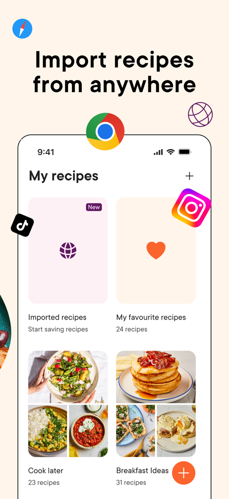 Interfaccia dell'app Kitchen Stories che mostra l'importazione di ricette da Instagram, TikTok e browser web