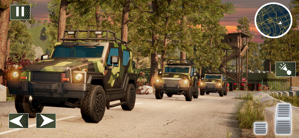Military Cargo Truck Transport - Three camouflaged military trucks driving in a forest convoy near a watchtower