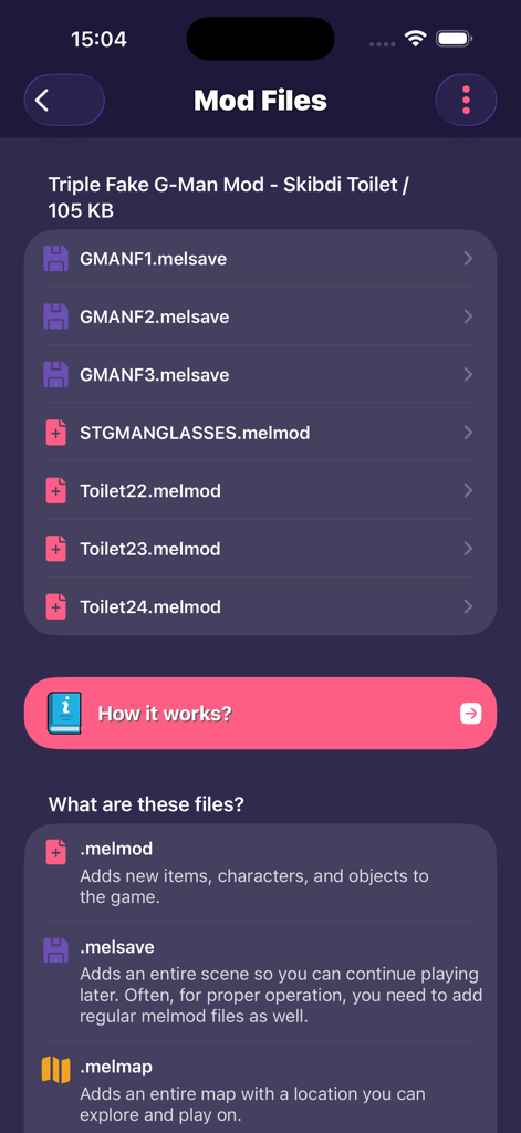 Skibidi Toilet 모드 파일과 파일 형식 설명을 표시하는 인터페이스