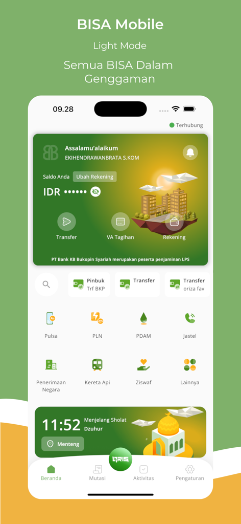 BISA Mobile - The BISA Mobile app dashboard interface showing Indonesian banking services and prayer time notifications.